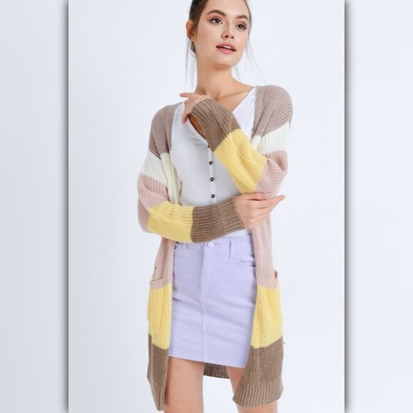 A091 ✽ Multi Rainbow Color Block Long Cardigan - Picture 4 of 10